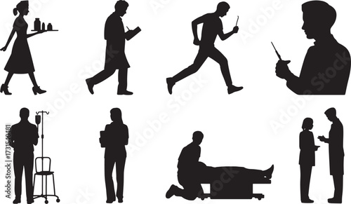Medical Workers and Patient Examining Records, Silhouette Illustrations for Healthcare