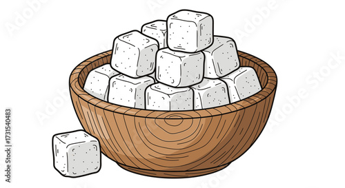 Illustration of sugar cubes piled in a wooden bowl representing sweetness and unhealthy eating