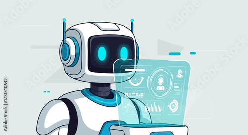 Futuristic robot assistant presenting data on a transparent screen interface for technology