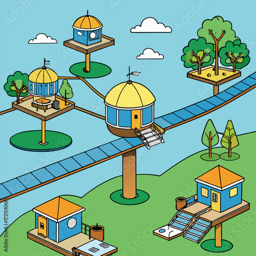 a solar powered treehouse village suspended with g.eps