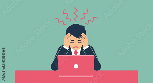Illustration of a stressed businessman working on a laptop with visible frustration and anxiety