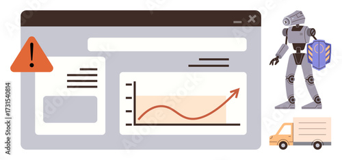 Digital dashboard with graph shows growth trend, alert signal, AI robot, delivery truck. Ideal for technology, logistics, automation, analytics growth innovation transportation. Simple flat