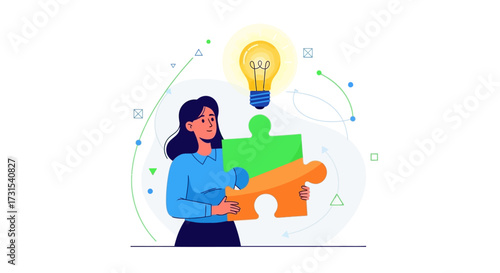 Creative problem solving concept with woman and puzzle pieces and idea lightbulb vector illustration