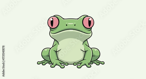 Cartoon illustration of a cute green tree frog with big pink eyes sitting isolated