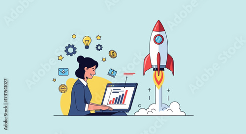 Cartoon illustration depicting a woman working on a laptop with a rocket launching concept