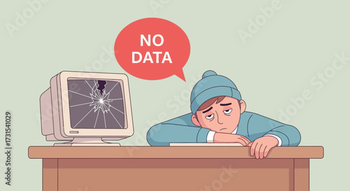 Illustration of frustrated man with broken computer symbolizing data loss and system failure IT