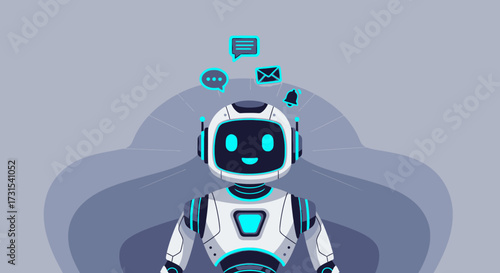 Illustration of a friendly robot assistant surrounded by communication icons on gray background