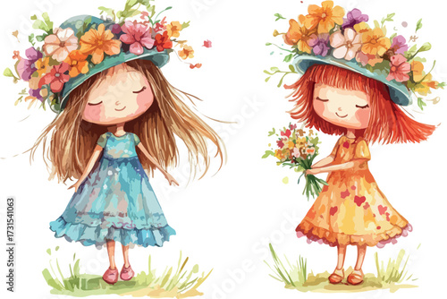 Two adorable little girls wearing hats adorned with vibrant flowers in a whimsical watercolor style