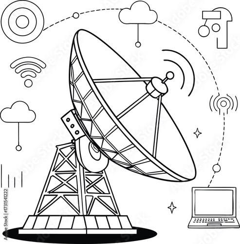 Black and White Line Art Illustration of a Satellite Dish Antenna with Wireless Communication Cloud Computing and Internet Connectivity Icons