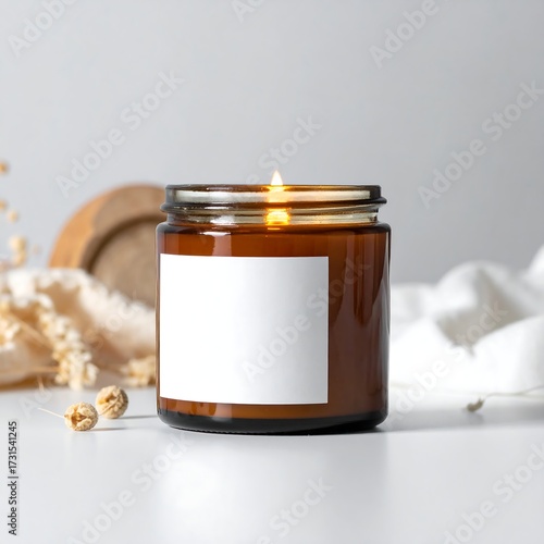 Lit amber glass jar candle with blank label, minimalist setting