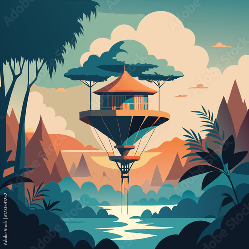 a whimsical balloon treehouse floating above carto (2).eps
