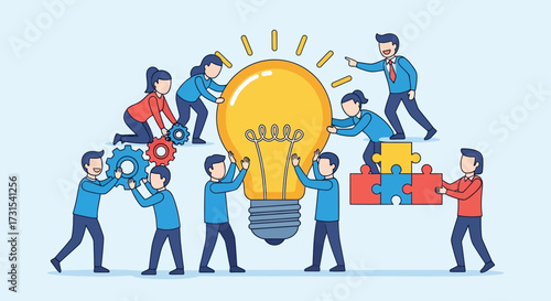 Business team collaboration creating a giant light bulb of innovation and strategy concept