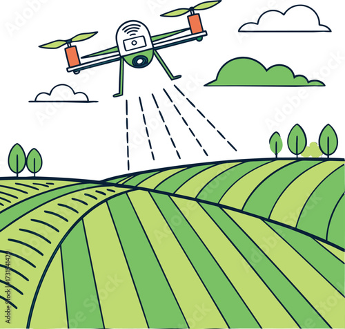 Illustration of an Agricultural Drone Spraying Crops for Smart Farming and Precision Agriculture