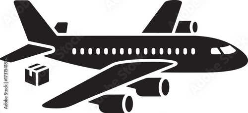 Air Freight Icon, Airplane Delivering Boxes, Commercial Plane Silhouette Isolated Background