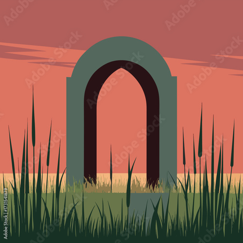 arch hidden in tall grass field .eps