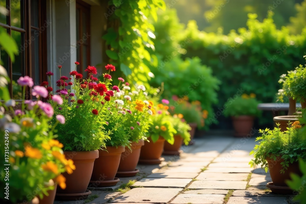 Fototapeta premium A vibrant and lush patio garden overflowing with colorful flowers and healthy herbs in terracotta pots, bathed in sunlight , terracotta pots, tranquility, urban gardening