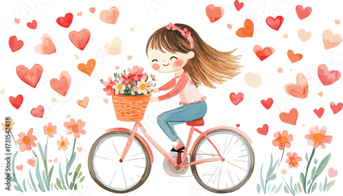 Joyful young girl riding bicycle through a field of flowers with hearts floating around