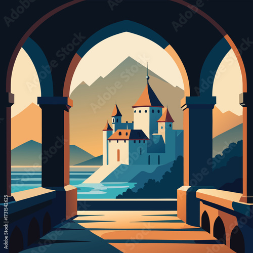 castle courtyard framed by stone arches  (2).eps
