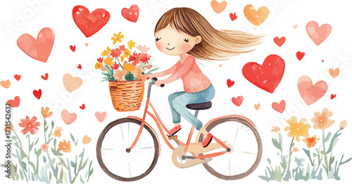 Whimsical watercolor illustration of a happy girl riding a bicycle laden with flowers and hearts
