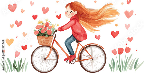Whimsical watercolor illustration of a girl with long red hair riding a bicycle with flowers
