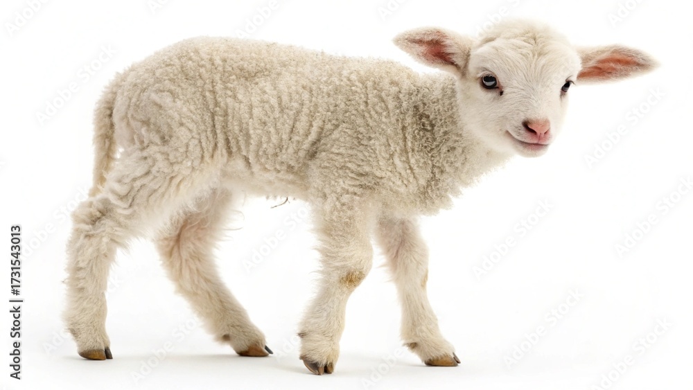 Fototapeta premium A cute young lamb stands in a green grassy field on a rural farm with its mother sheep