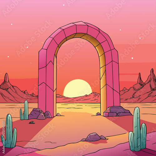 desert arch glowing pink in sunset haze .eps