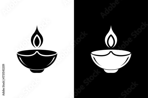 Diwali Diya Lamp Icon on Black and White Background.