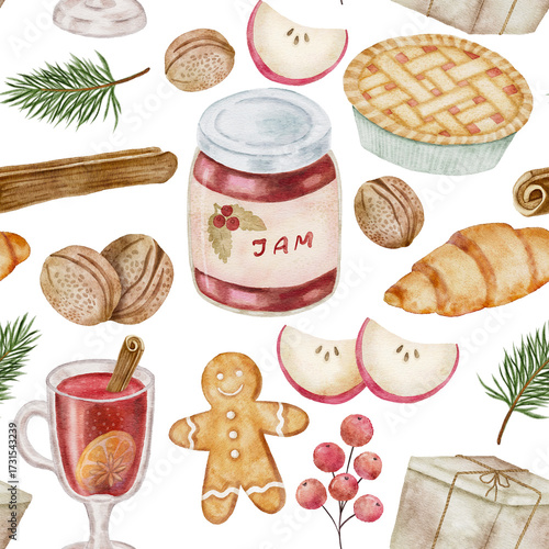 A seamless digital watercolor pattern combining a hot drink, jam, baked goods (pie, croissant), and winter picnic elements.