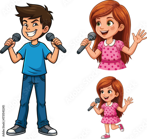 Cartoon children singing performance, boy and girls with microphones, kids music concert illustration,