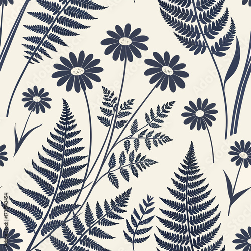 Vector art of seamless pattern with fern and daisy flowers in blue