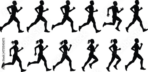 Running silhouette collection, jogging fitness vector, athletic exercise design, marathon training artwork, sporty lifestyle illustration, health activity shapes, male female runner