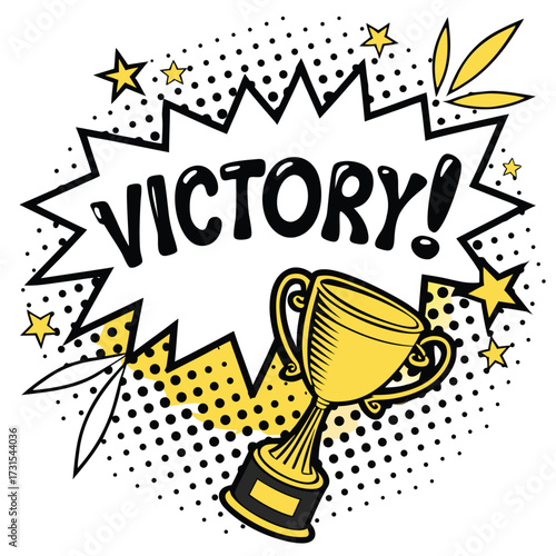 Victory pop art illustration with trophy and halftone background vector design for celebration achievement and success concepts