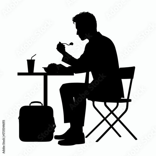 Silhouette of a colleague eating lunch at a table with a drink in a business casual setting on a simple white background