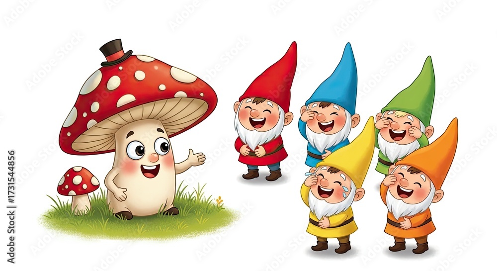 Naklejka premium Joking Mushroom & Gnomes: Playful Whimsical Cartoon Storybook Scene