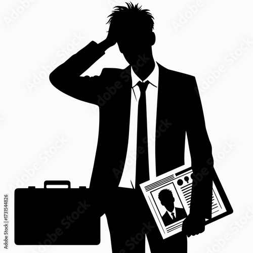 Silhouette of a stressed job candidate holding a briefcase and resume in business casual style on a simple white background