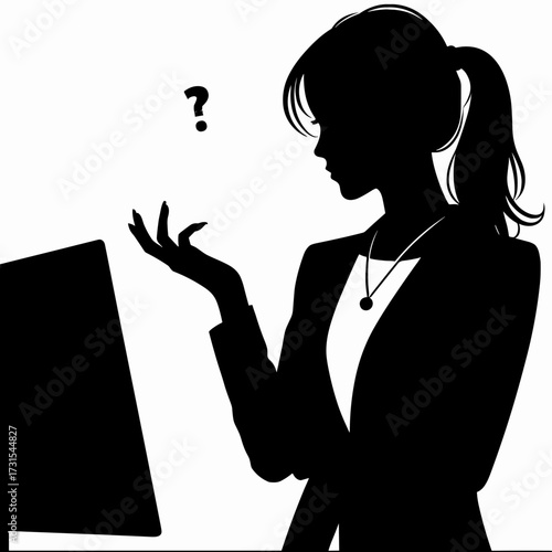 Silhouette of a confused businesswoman looking at the screen in business casual style on a simple white background