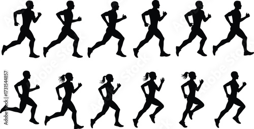 Running silhouettes collection, male female jogging vector, fitness training artwork, marathon sports illustration, healthy exercise lifestyle design, athlete motion activity shape