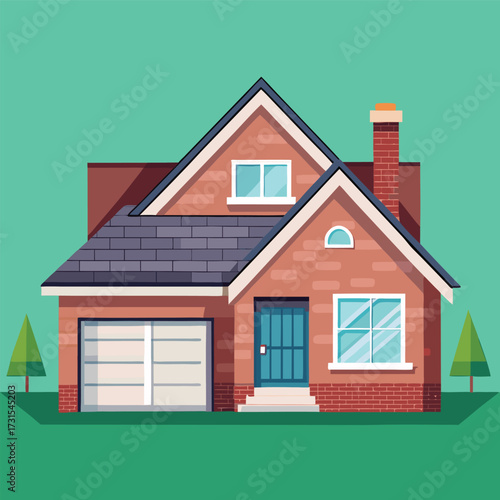 Modern brick house illustration featuring a garage and chimney vector flat design for real estate and architectural projects