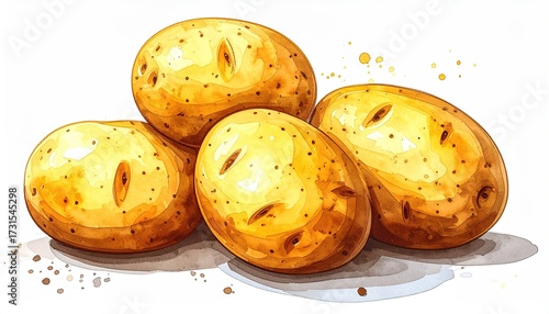 Wallpaper Mural Four potatoes, golden-yellow, detailed illustration, watercolor style Torontodigital.ca