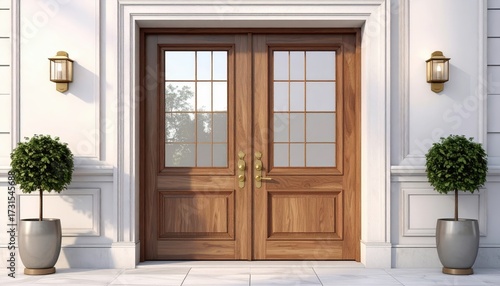 Ornate double wooden doors with glass panels form the focal point of a grand entrance, flanked by potted topiaries and brass sconces, all set against a clean white wall.