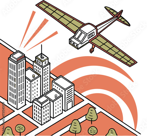 Surveillance Drone Flying Over City Buildings with Signal Transmission