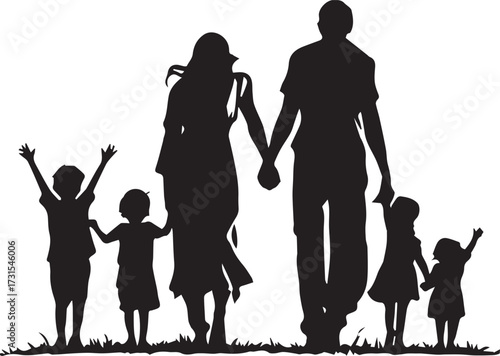 Black silhouette family illustration with parents four children walking together unity care love vector design