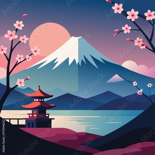 minimal japanese inspired landscape with mount fuj (1).eps