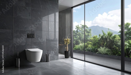 Contemporary bathroom interior features a modern wall-mounted toilet set against dark gray tile, complemented by a sleek black flush plate, with a panoramic view of lush greenery and mountainous...