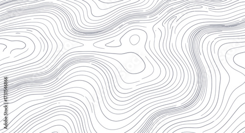 Flowing abstract topographic map background with wavy grey contour lines representing stylized terrain relief and elevation