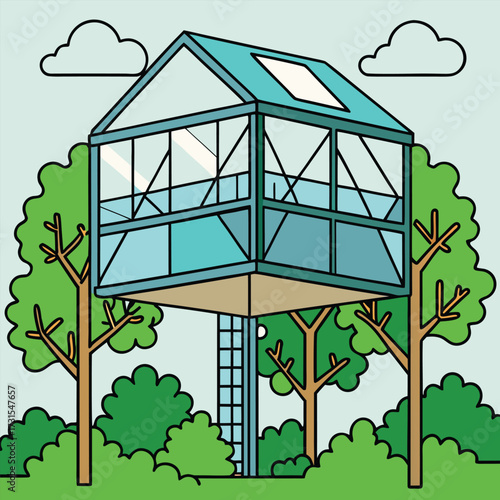 a sleek glass and steel treehouse blending into gr.eps