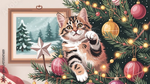 Curious kitten explores decorated christmas tree festive holiday scene