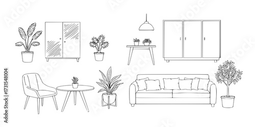 Home interior. Line table and chair sketch. Modern couch and plants in pots. Room decor. Hand drawn house cupboard. Pillows or blankets. Furnishing outline collection. Vector furniture set