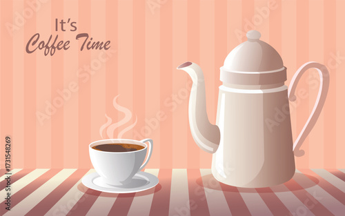 It's coffee time concept. coffee cup and teapot. Kitchen utensil for tea or coffee. vector, illustration
