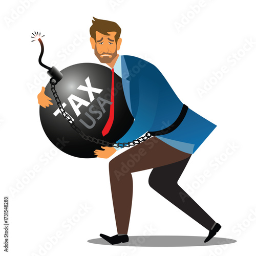 Trade war concept. Businessman holding a tax usa bomb. Big problem. Solve all trouble. Crisis management. Problem solving.vector illustration.